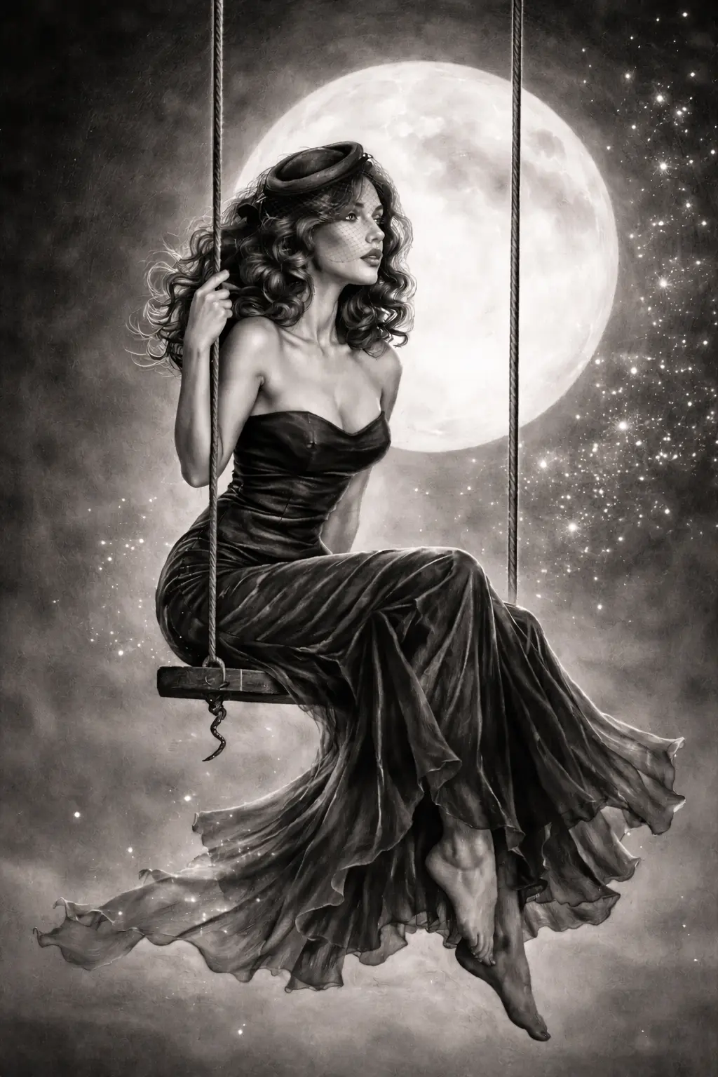 Anabelle — goule, sur une balançoire sous la lune